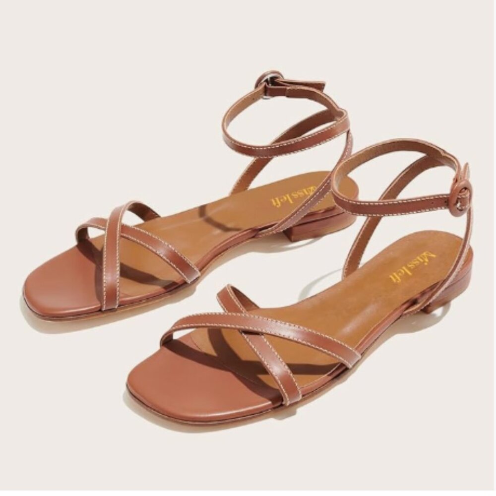 miss left Chocolate Crisscross Strap Open Toe Sandals Ankle Strap Buckle Shoes